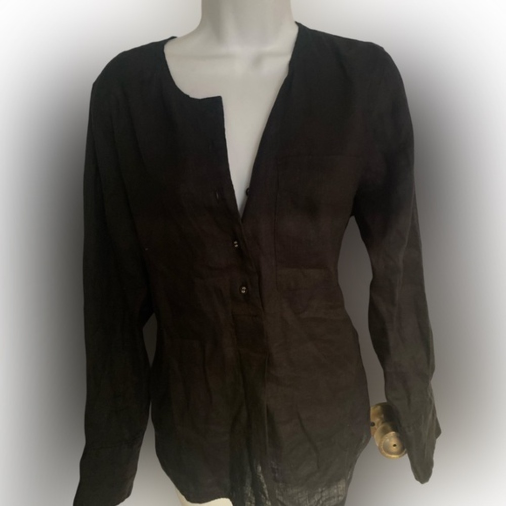 Elle Tahari Linen Shirt - M black linen  collarless , button front